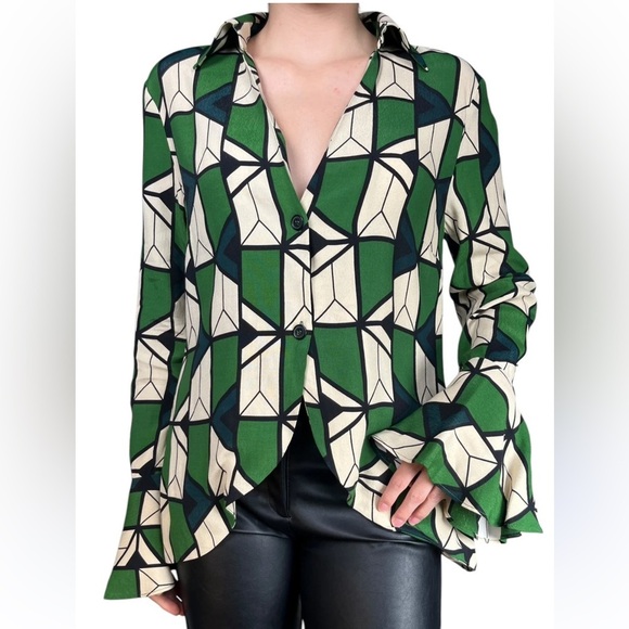 Zara Tops - Zara Green Black Cream Geometric Printed Collared V-neckline Blouse Size Large